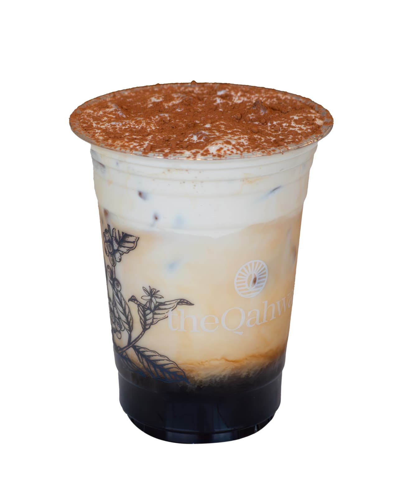 Iced Tiramisu Latte in a clear theQahwa cup — espresso and mascarpone-cream layers under a thick cocoa-dusted whipped top.